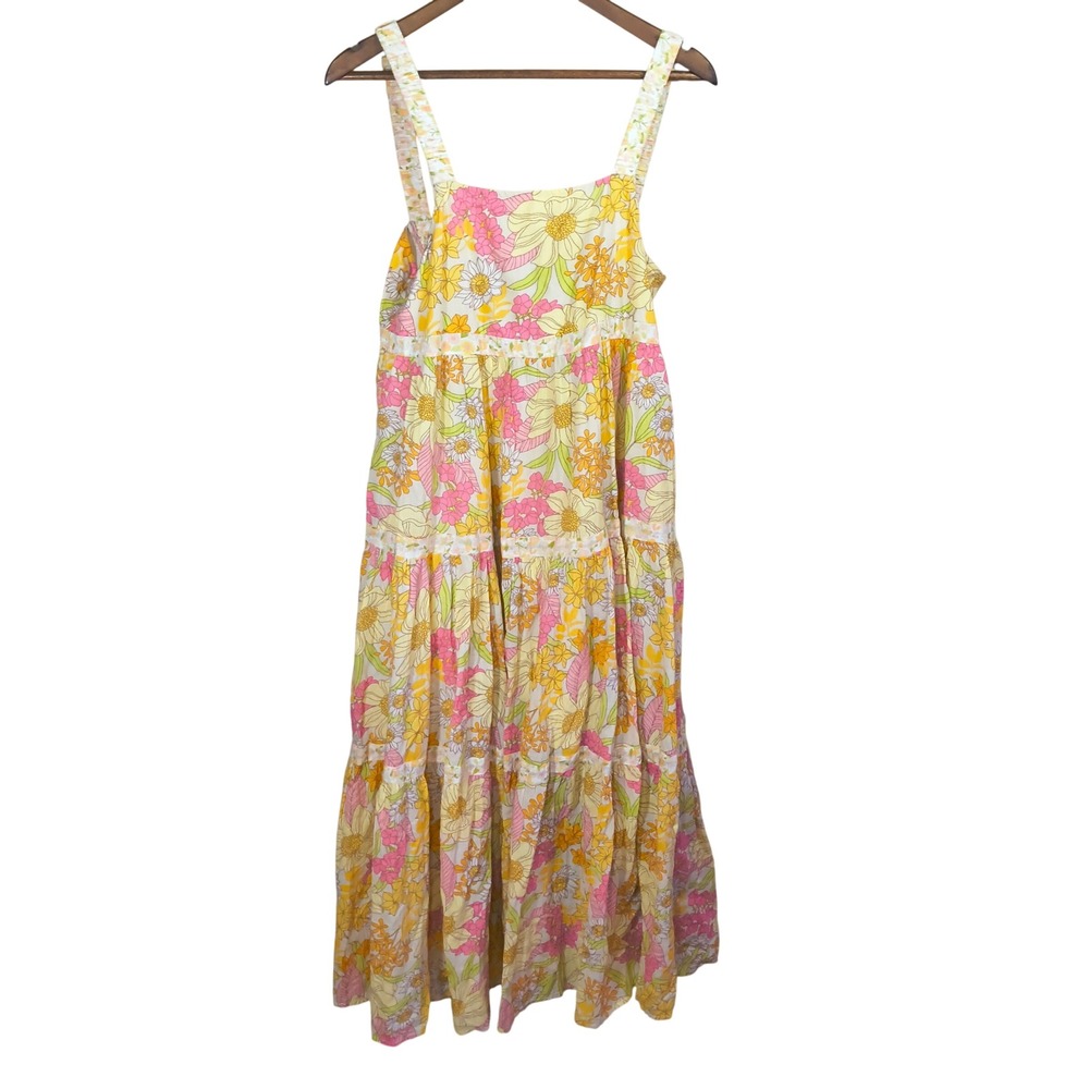 American Eagle Retro Floral Tiered Maxi Dress Yellow Pink Cotton Boho Small